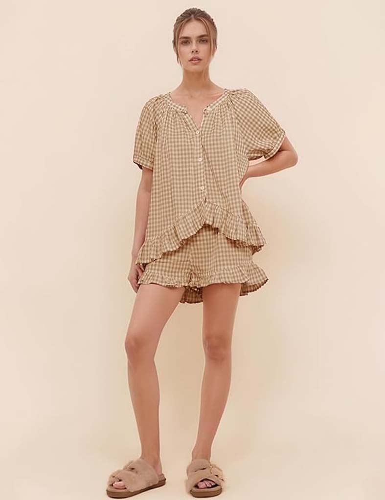 Flygo Women's Gingham Pajama Set – Summer Comfort and Style